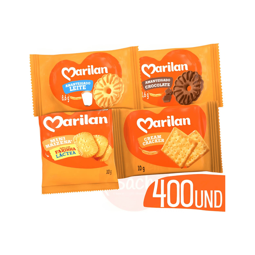 Biscoito Amanteigado Em Sache Sortidos Marilan Kit 400u Chocolate, Leite, Cracker e Maizena
