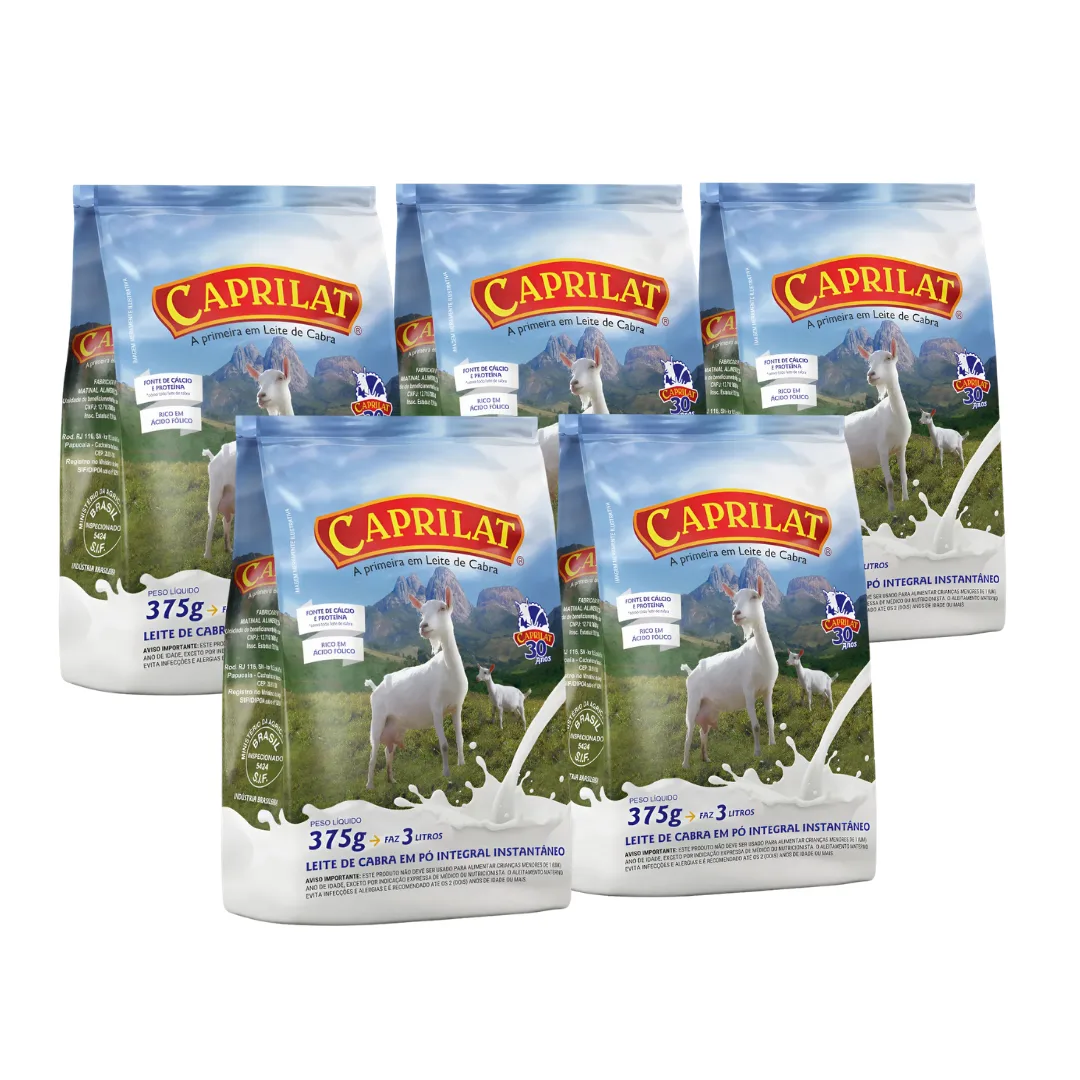 Kit 5 Leite De Cabra Em Pó Integral Caprilat Sachê 375g